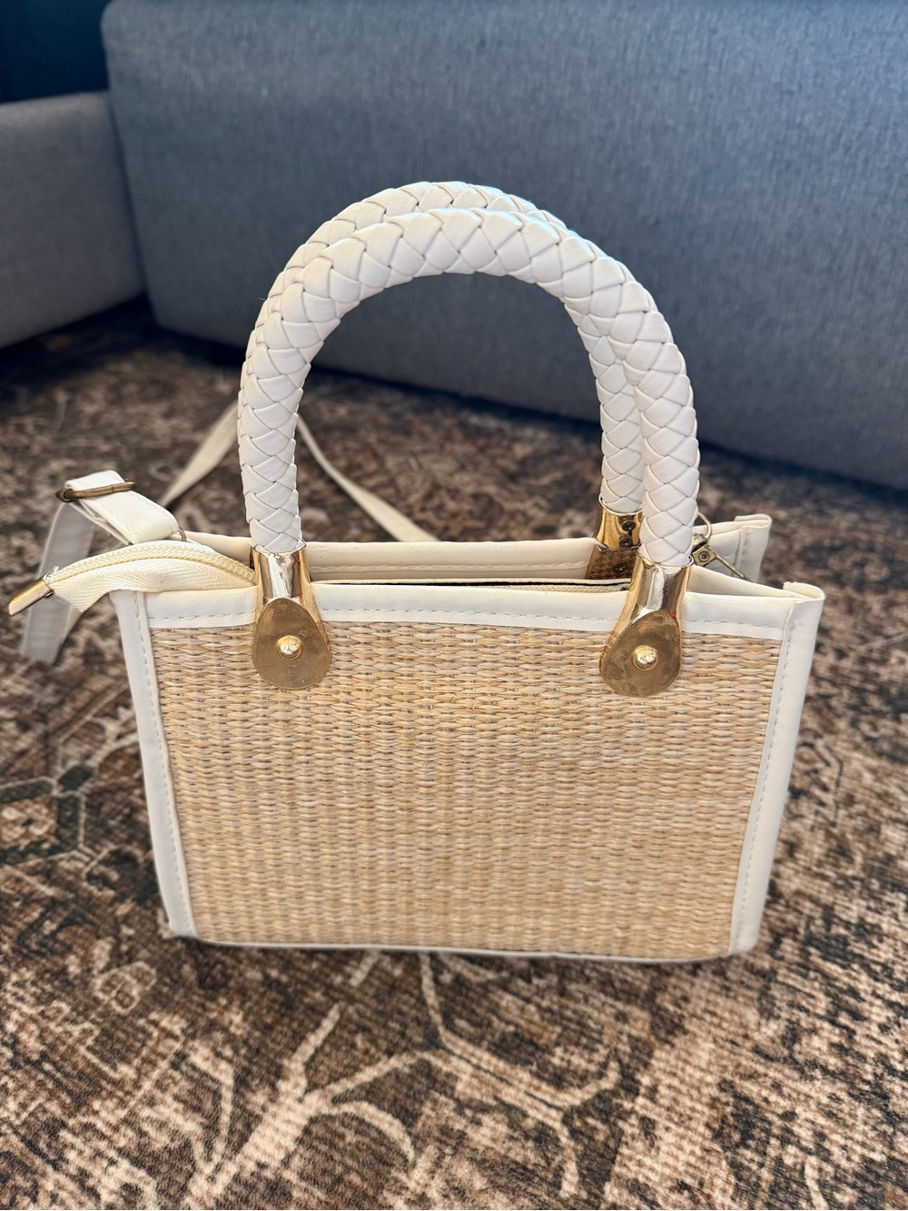 Mini Straw Bag Braided Detail Contrast Binding Zipper Cream & White - Picture 3 of 7